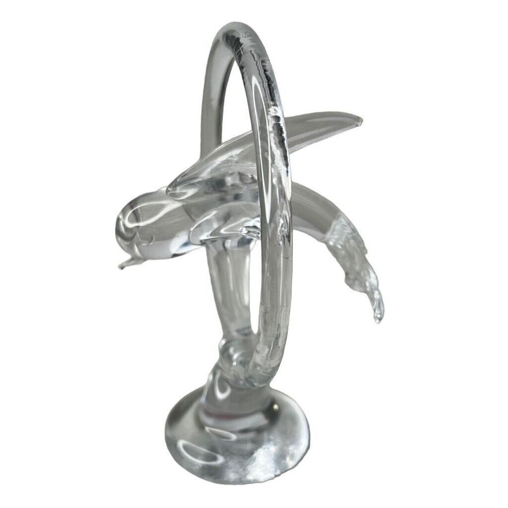 Vintage Taiwan 3.5” Clear Blown Art Glass Dolphin Jumping Through Ring Figurine